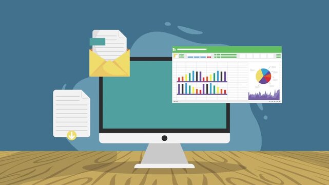 Computer screen displaying email and spreadsheet with charts, data analysis and download.