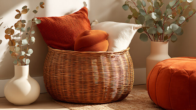 Wicker basket filled with cushions rust orange pouf and eucalyptus