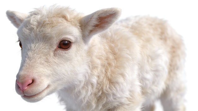 white lamb lamb standing on white background with soft wool and brown eyes