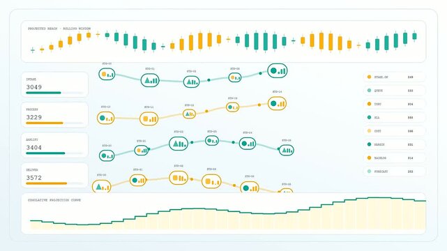 A digital reach projection interface showing evolving data charts that track performance metrics across a series of three distinct stages within a simulated virtual environment