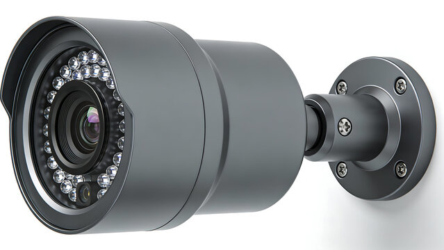 Outdoor security camera with infrared LEDs mounted on white wall