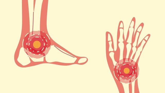 Animation of foot and hand bones with pulsating pain circles at joints, showing inflammation and discomfort.
