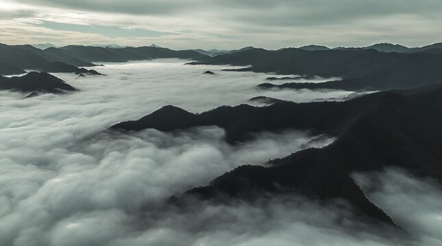 Misty Mountain Range Landscape with Fog Inversion and Dramatic Sky