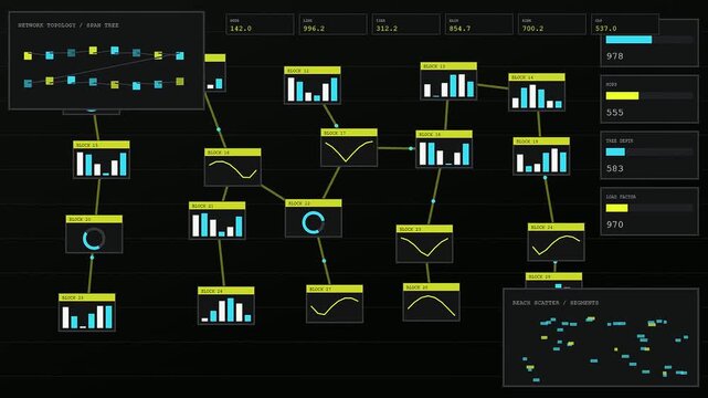 Digital reach projection displays visual data flow on dark screen showing complex network topology nodes and interconnected tree charts in a modern computing interface dashboard