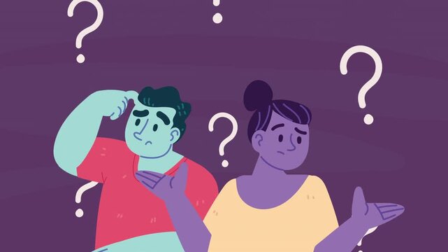 Animation of confused couple with question marks around them showing doubt and uncertainty.