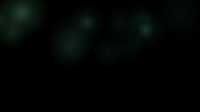 Faint green glowing orbs appear as soft bokeh lights scattered across an almost completely black dark background with mysterious atmospheric quality