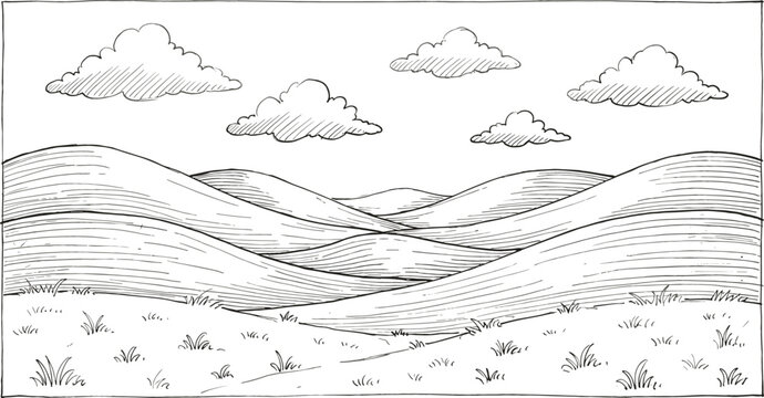 Hand drawn rolling hills rural landscape scene with grassy fields and fluffy clouds in the sky
