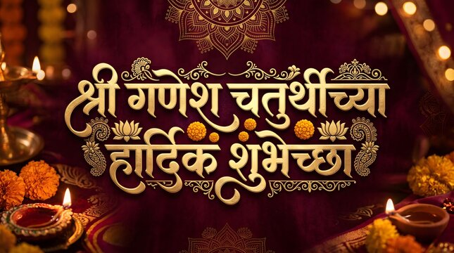 Ganesh Chaturthi Marathi Wishes Golden Typography Background