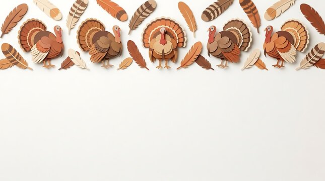Paper craft thanksgiving turkeys and feathers arranged in a row isolated on white background