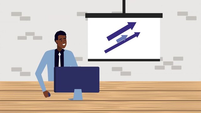 Afro businessman character working in office with desktop and paperboard showing financial growth and dollar sign.