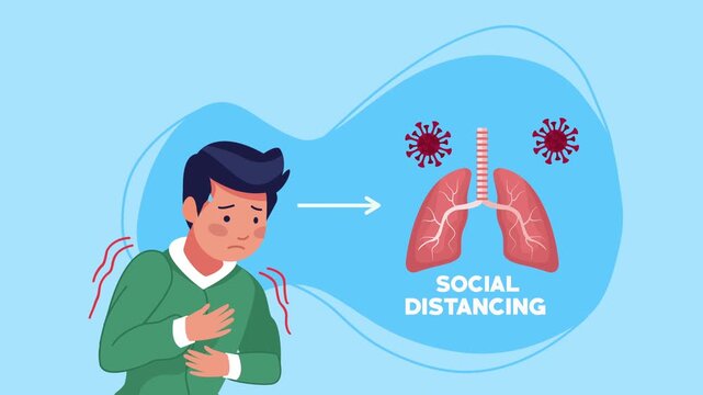 Animated infographics illustrating respiratory symptoms of covid 19 with sick man showing fever and lung damage during social distancing.