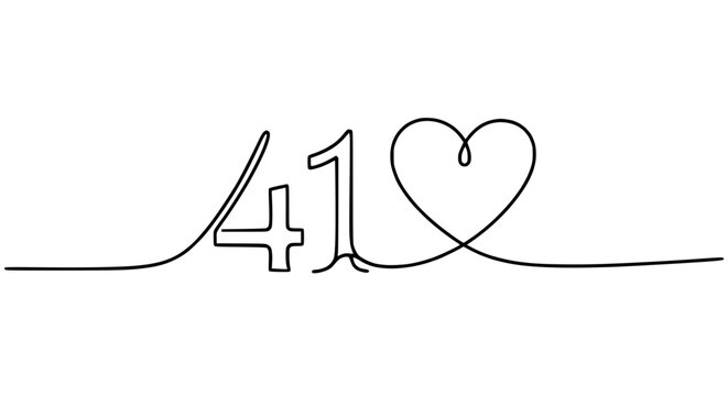 Continuous Line Drawing of Number 41 and Heart Symbol Isolated