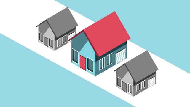 Isometric house animation showing real estate property development with colorful home standing out from gray buildings.