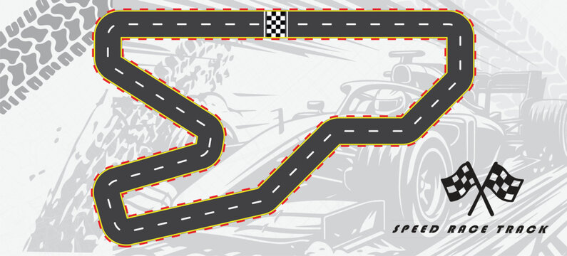 Race track in black color with tyre marks and city map on a white background.