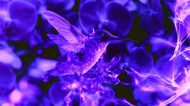 Hummingbird, purple orchid, and amethyst in triple exposure, emitting a mysterious and elegant glow, beautifully dreamy in violet purple