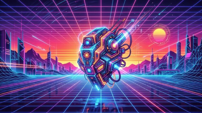 Futuristic Cybernetic Core in Retro Synthwave Landscape