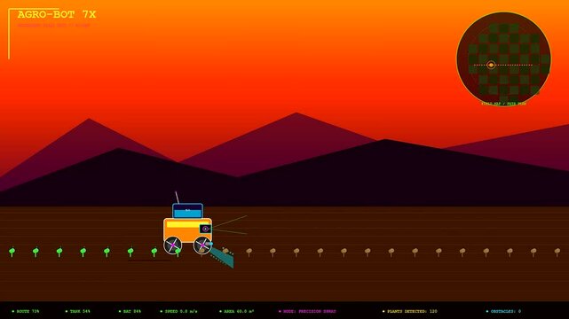 Autonomous farm equipment performing precision irrigation across large agricultural fields during a sunset as digital interface data tracks crop progression through a virtual graphical overlay system