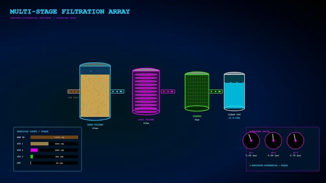 Precision irrigation monitoring display showing data flow stages of water filtration with moving particle counts and fluctuating pressure gauge needles on a dark blue background screen