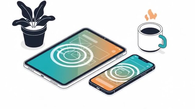 Isometric illustration of tablet computer and smartphone with potted plant and hot coffee cup on white background