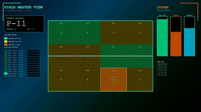 Digital displays showing precision irrigation monitoring data across multiple agricultural zones with live status updates and field sensor readings in a modern interface for farm management
