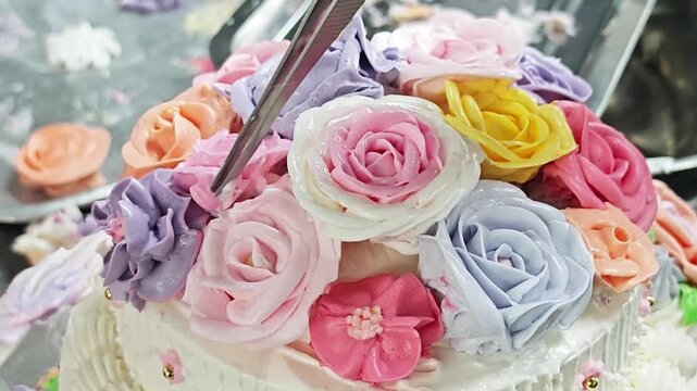 Placing a hand-piped buttercream rose onto a cake with lifter scissors.