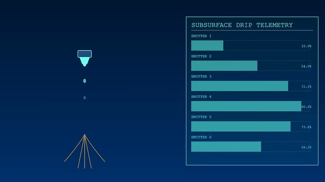 Digital displays showing precision irrigation telemetry with abstract water droplet graphics changing status levels across three varied screen view transitions in a dark blue environment