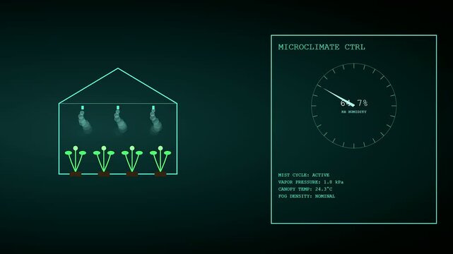 Digital graphics illustrating precision irrigation systems within an automated greenhouse environment showing rising and falling moisture levels on a monitor interface with glowing blue lines
