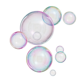 Multiple iridescent soap bubbles with rainbow reflections and glossy surfaces floating in the air isolated on a transparent background