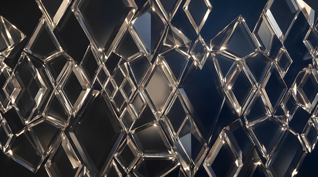Abstract geometric pattern of interlocking diamond-shaped glass tiles
