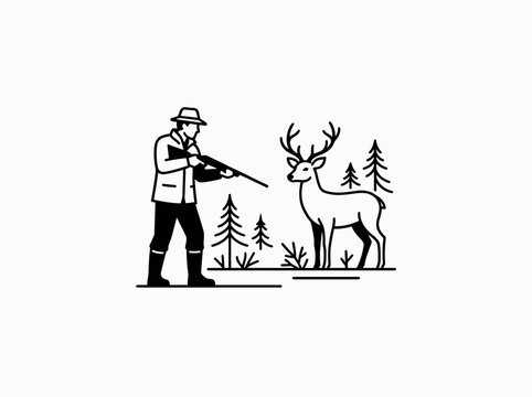 Hunter aims rifle at deer in forest scene outline illustration