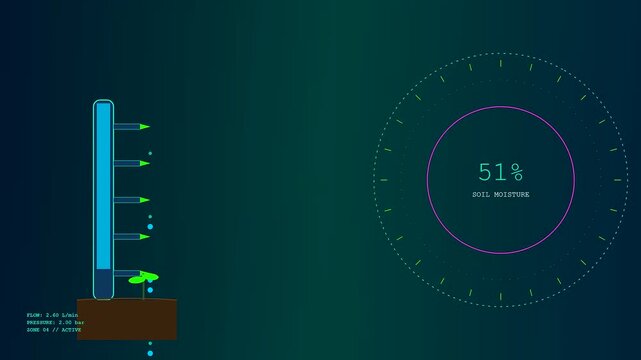 Digital displays showing precision irrigation systems monitoring plant water usage levels with real time data visualization metrics as soil moisture decreases during the controlled watering process