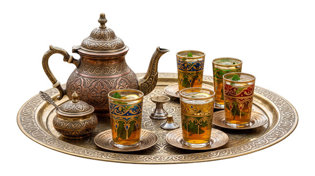 Traditional Moroccan Mint Tea Set with Engraved Metal Teapot Decorated Glasses and Brass Tray Isolated on White Background