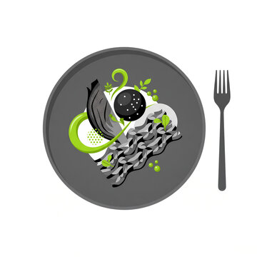 Top view gourmet pasta dish plating with green garnish and fork flat vector illustration isolated on white background