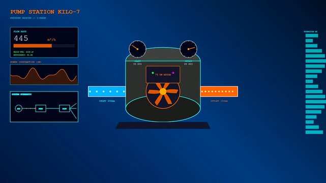 Industrial monitors displaying precision irrigation data analytics with fluctuating pump pressure metrics and revolving motor fan graphics shown on a vivid dark blue digital interface background