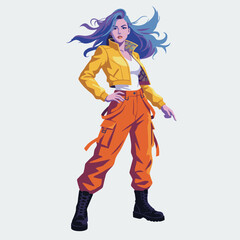Fototapeta premium The image presents a striking character design featuring a fashionable woman in urban attire, expertly crafted to reflect contemporary style and confident expression.