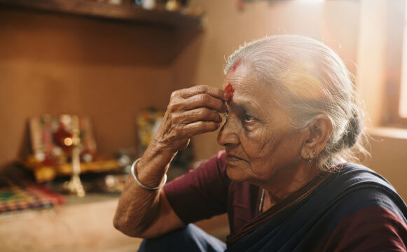 Elderly Indian woman applying bindi on forehead during prayer at home representing tradition