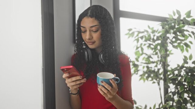 Young woman holding smartphone and blue coffee mug, hands visible, wearing headphones and red sweater while leaning by window in a building; contemplation.