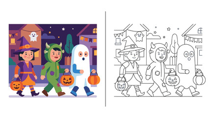 Fototapeta premium Children in Halloween costumes trick-or-treating, coloring page illustration