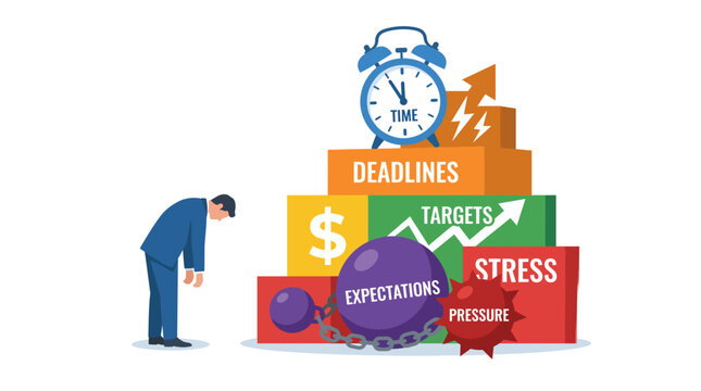 This concept illustration depicts the pressures of life through visual metaphors, showing a businessman overwhelmed by deadlines and expectations, symbolizing stress management.