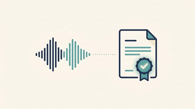 Abstract illustration of sound wave data processing into a certified official document, symbolizing audio transcription, legal verification, and secure record keeping