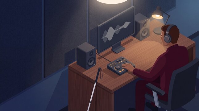 Visually impaired person using a braille keyboard at a computer desk illustration