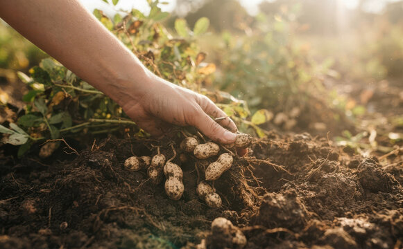 Woman harvesting fresh peanuts from the soil on a farm field during harvest season representing agriculture and organic farming