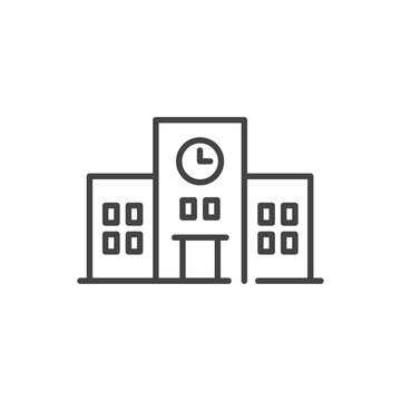学校や教育施設を表す校舎と時計のベクターアイコン（線画・モノクロ）