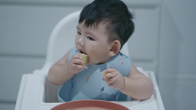 Asian Baby Using Finger to Feed Herself a Food with Baby Led Weaning Concept.Cute Asian baby boy eating finger food in high chair.