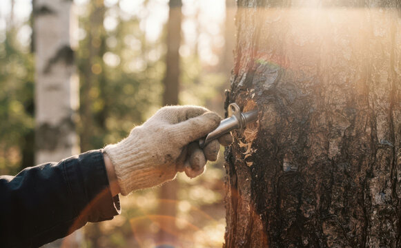 Person tapping a maple tree to collect sap in a forest during spring