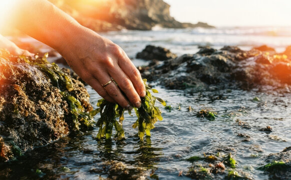 Woman harvesting fresh green seaweed in a rocky tide pool along the coast representing sustainable foraging and coastal lifestyle