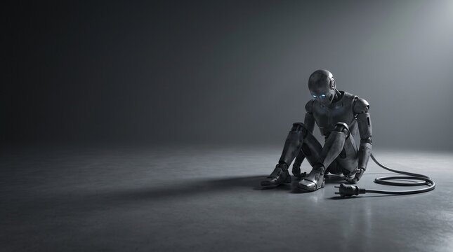 A dark, metallic humanoid robot sits hunched on a reflective floor with a power cable, illuminated by a single spotlight.