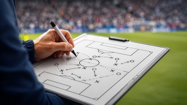 Close up of a soccer coach hand drawing a tactical game plan on a clipboard with a marker, blurred stadium background, sports strategy concept, Generative AI.