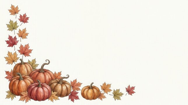 Autumn pumpkins with colorful leaves illustration