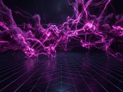 Vibrant pink smoke swirls above a futuristic glowing geometric grid in a dark space
